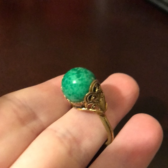 Antique Art Deco Brass Filigree Peking Glass Ring - Picture 4 of 7